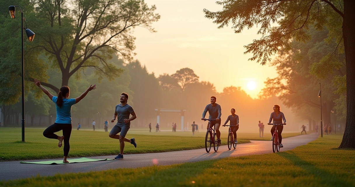 Grupo diversificado de pessoas se exercitando no parque ao amanhecer, enfatizando saúde mental e bem-estar.
