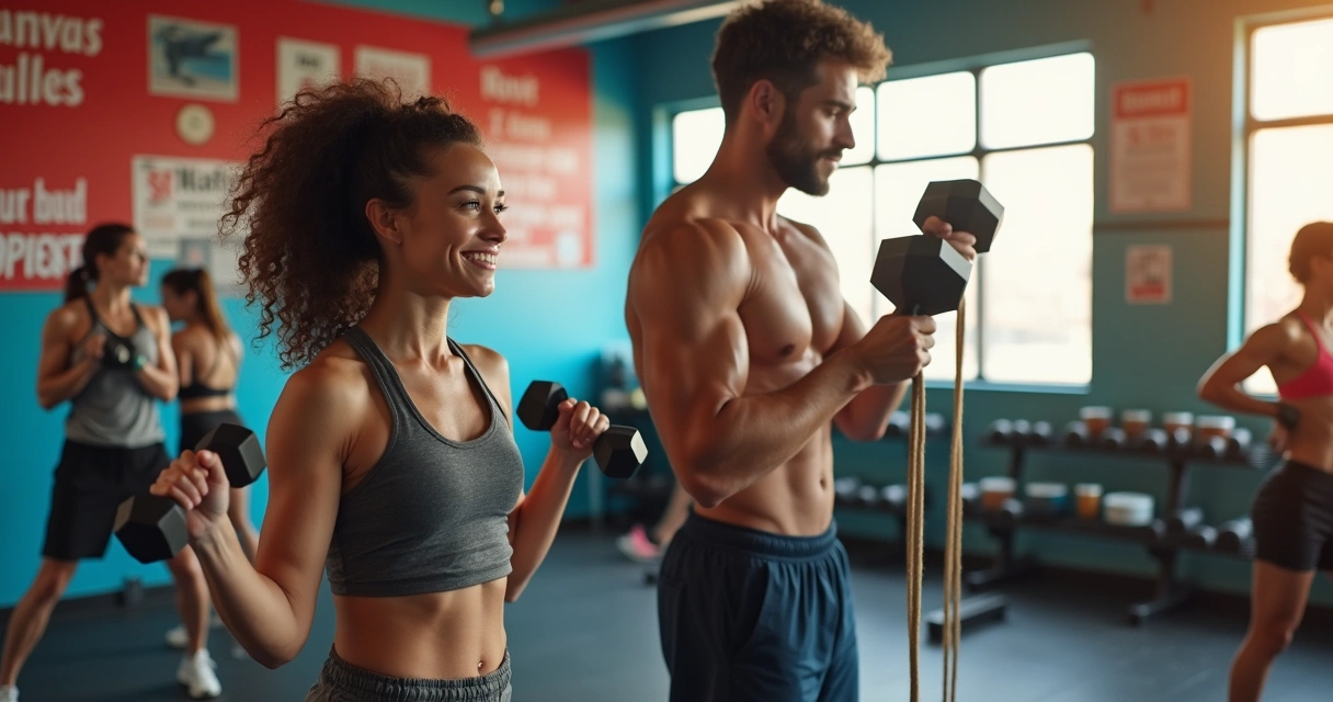 Grupo diversificado de pessoas se exercitando em uma academia com suplementos visíveis.
