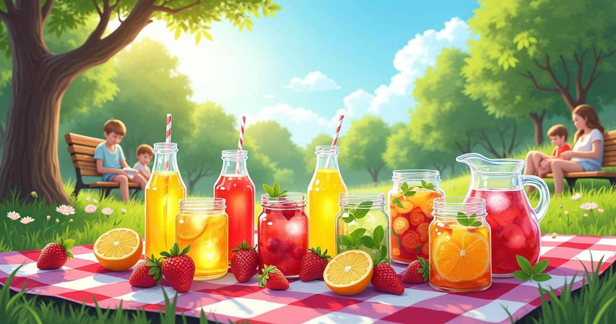 Uma cena de piquenique ensolarado com bebidas refrescantes e frutas em um parque.