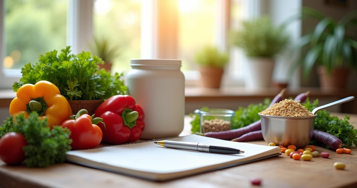 Cena de cozinha com ingredientes saudáveis e suplementos organizados, luz suave do sol entrando pela janela.