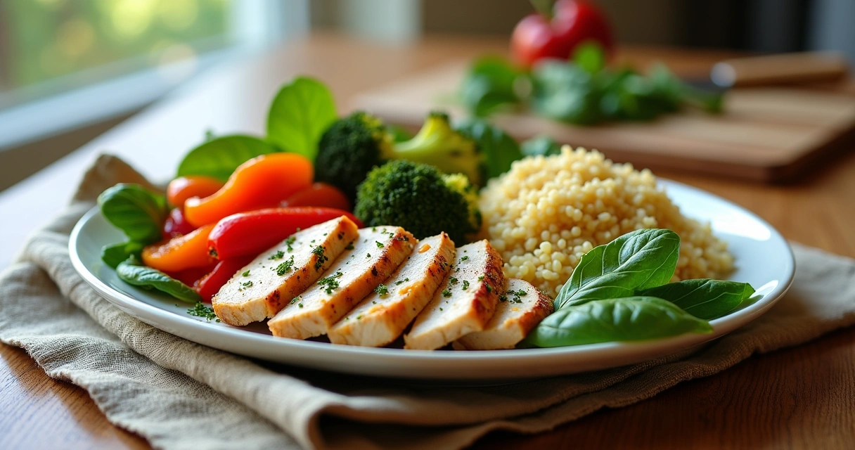 Prato colorido com frango grelhado, quinoa e vegetais assados em um ambiente aconchegante e iluminado.