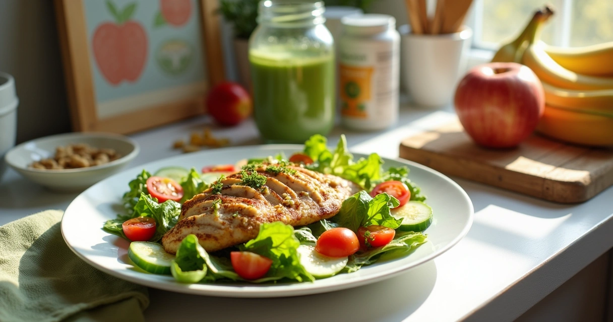 Preparação de refeições saudáveis com salada, suplementos, frutas e luz suave do sol na imagem.