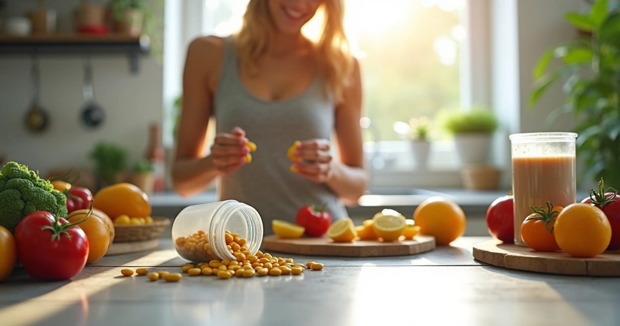 Preparação de suplementos com frascos e alimentos saudáveis em uma cozinha iluminada.