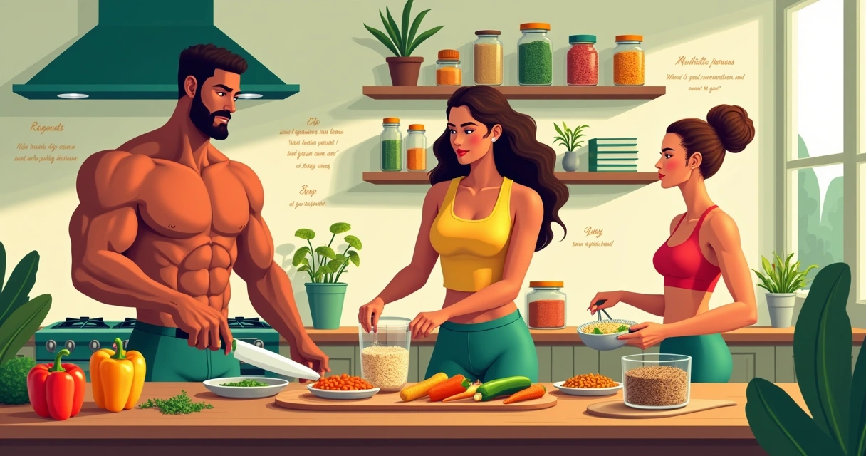 Grupo diverso de pessoas preparando dietas saudáveis em uma cozinha iluminada.