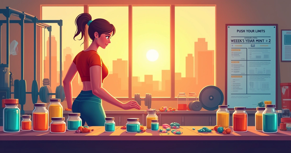 Ilustração de uma pessoa preparando suplementos em uma mesa organizada, com um ambiente de academia ao fundo.