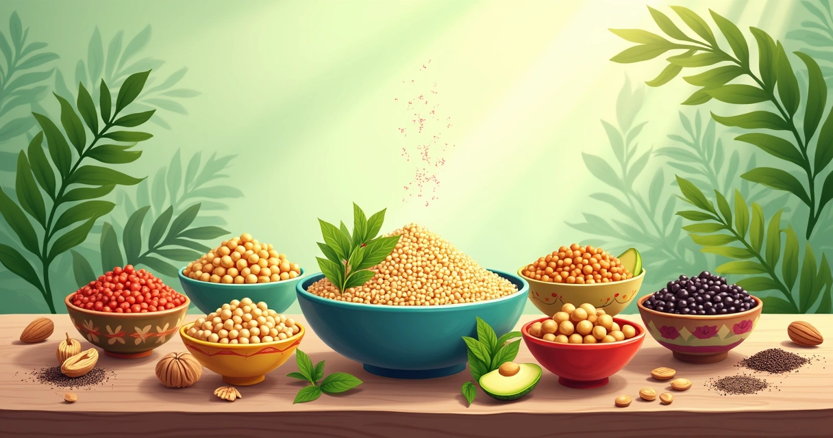Variety of plant-based protein sources including quinoa, lentils, nuts, and chickpeas on a wooden table.