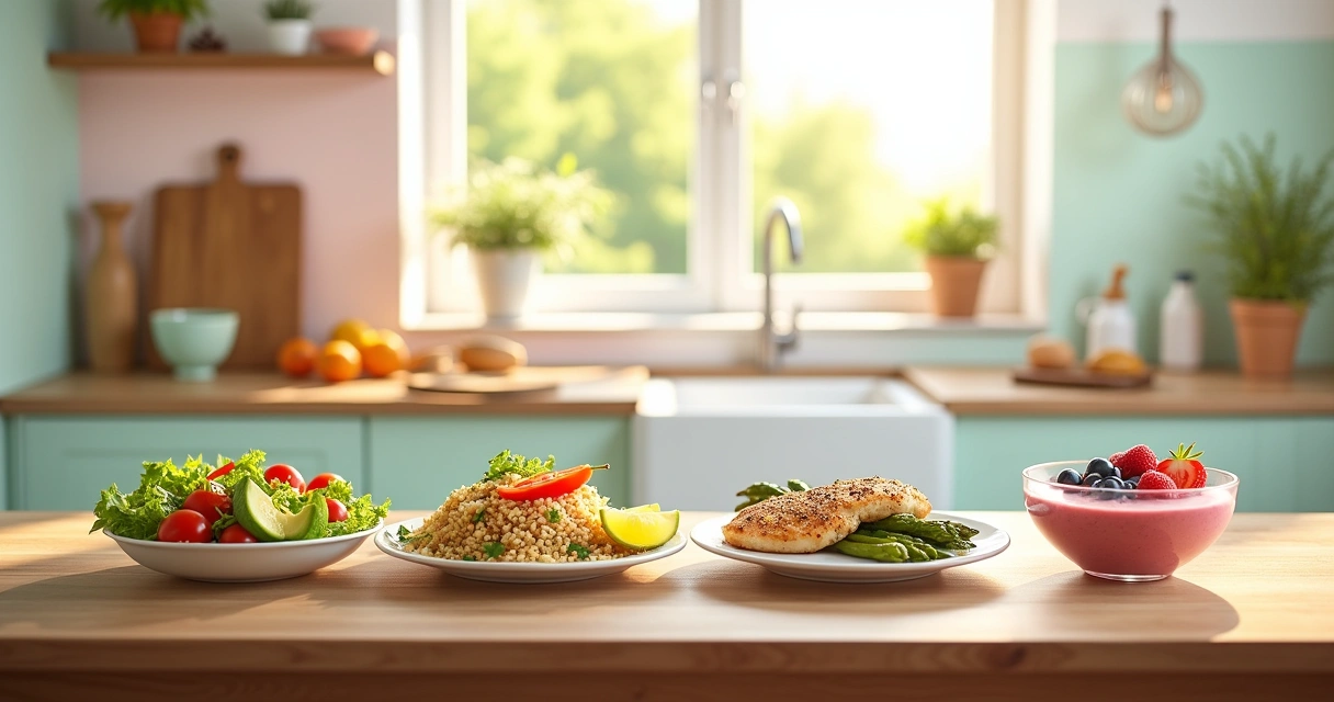 Quatro receitas saudáveis exibidas em uma cozinha iluminada, incluindo salada, quinoa, frango grelhado e smoothie.