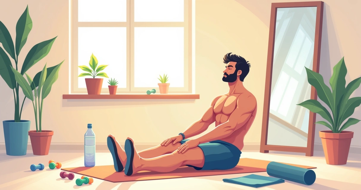 Homem realizando exercícios de alongamento em um ambiente de academia em casa iluminado, com plantas ao redor.
