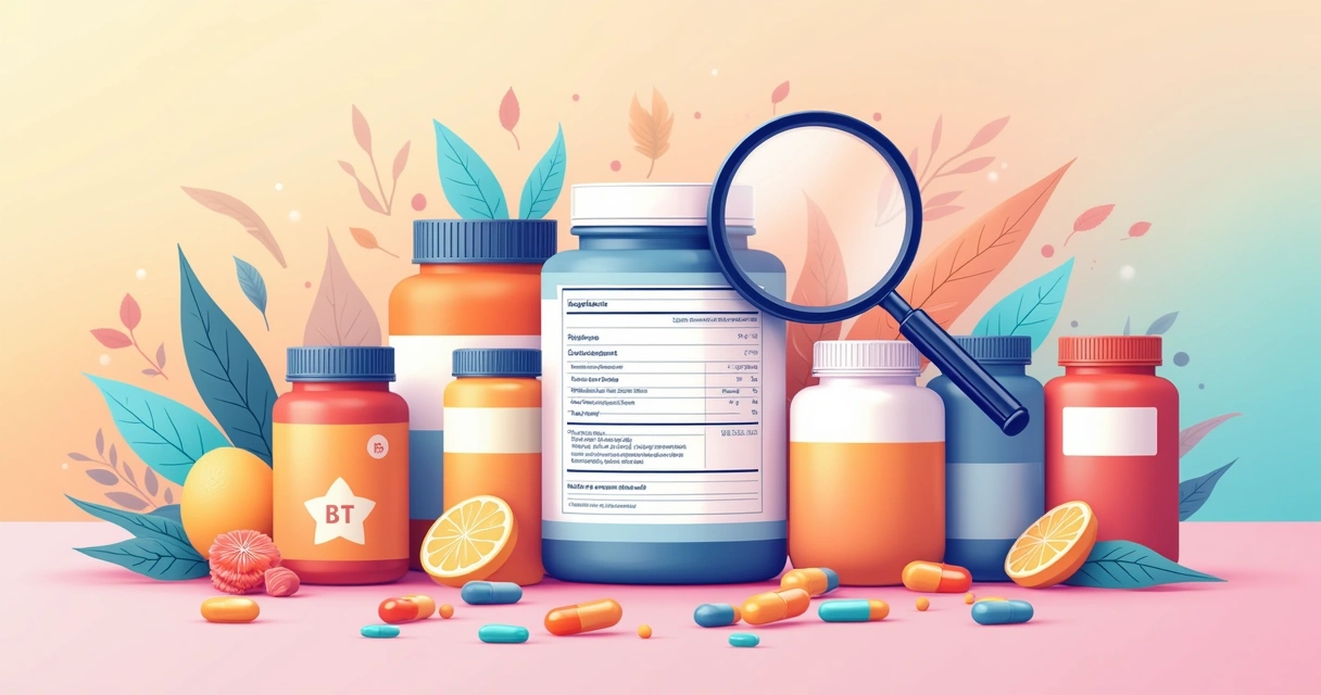 Rótulo de suplemento com detalhes de ingredientes e valores nutricionais. Fundo colorido e vibrante.