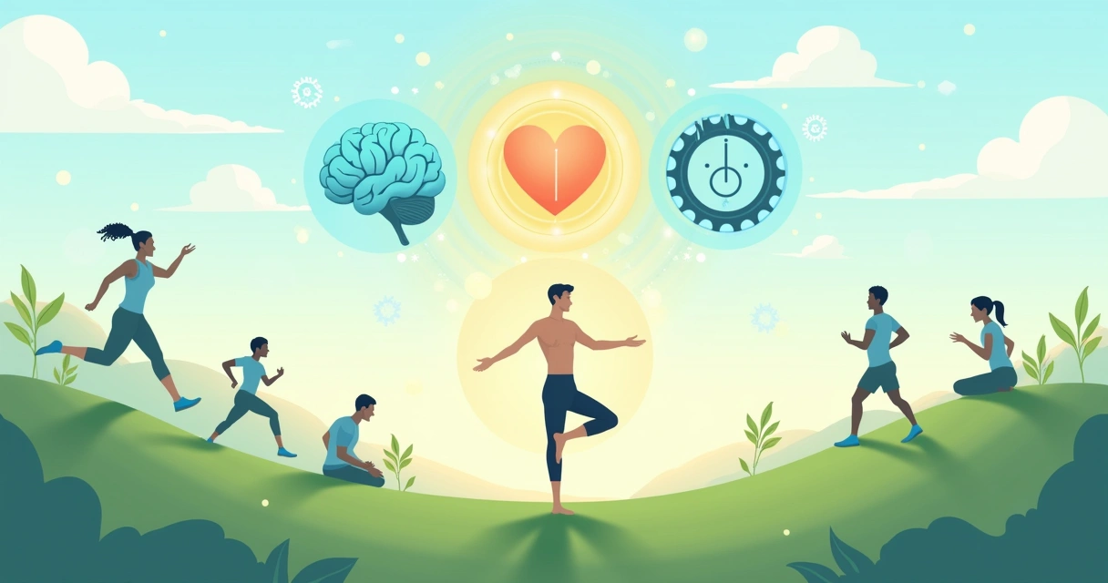 Ilustração de conexão entre saúde mental e desempenho físico, com yoga, símbolos do cérebro e elementos de bem-estar.