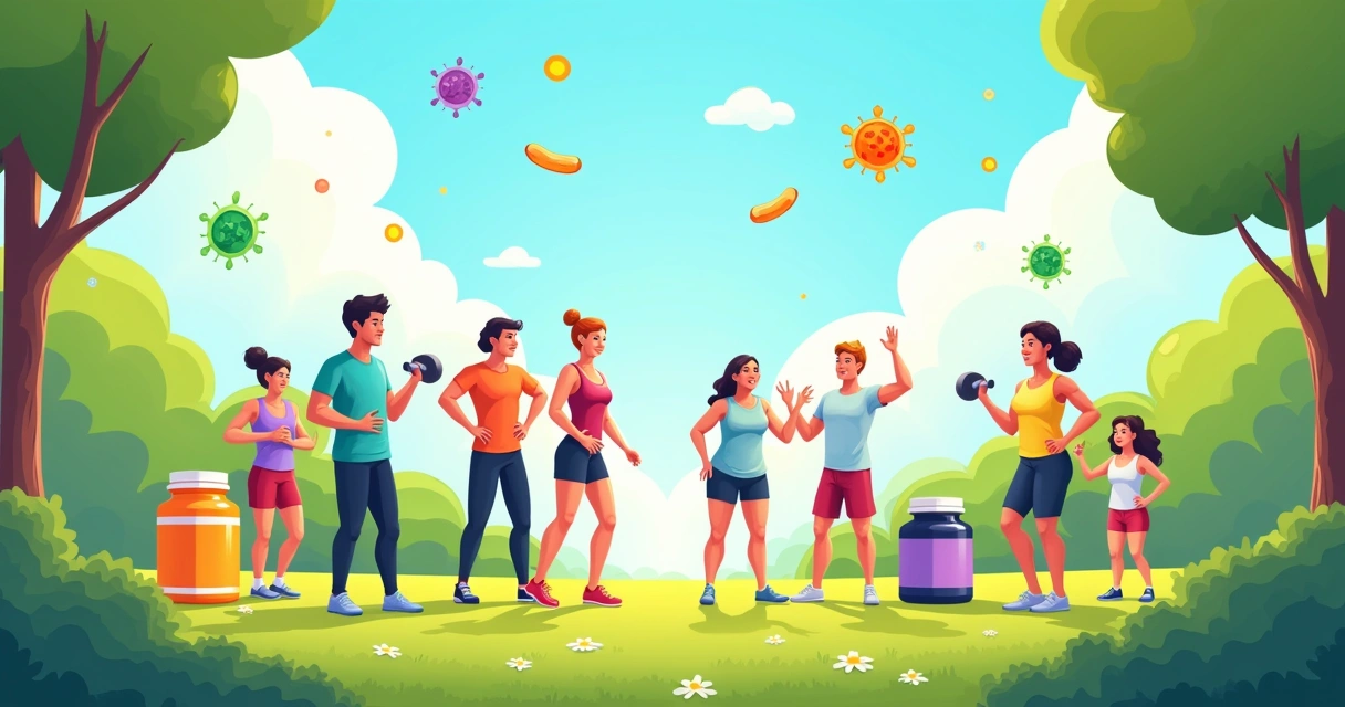 Grupo diverso se exercitando no parque, com suplementos e elementos de saúde e bem-estar ao redor.