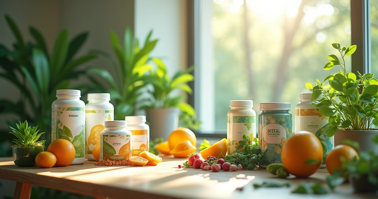Estante moderna com frascos de suplementos e mesa com frutas frescas, em ambiente iluminado e arejado.