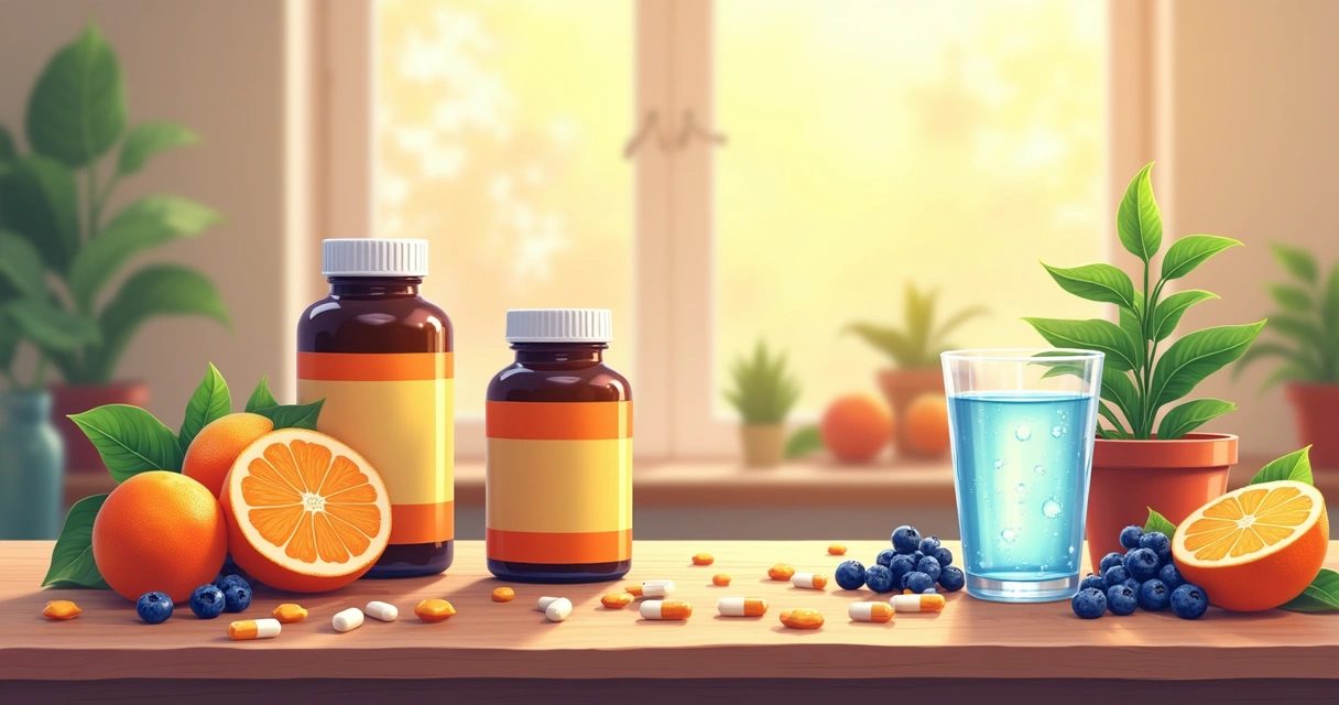 Suplementos de imunidade sobre uma mesa de madeira com frutas frescas ao redor.