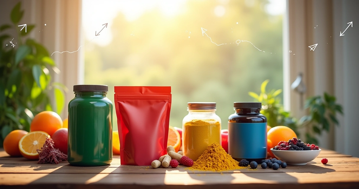 Cinco suplementos em uma mesa de madeira, mostrando spirulina, ginseng, cúrcuma, proteína e ômega-3.