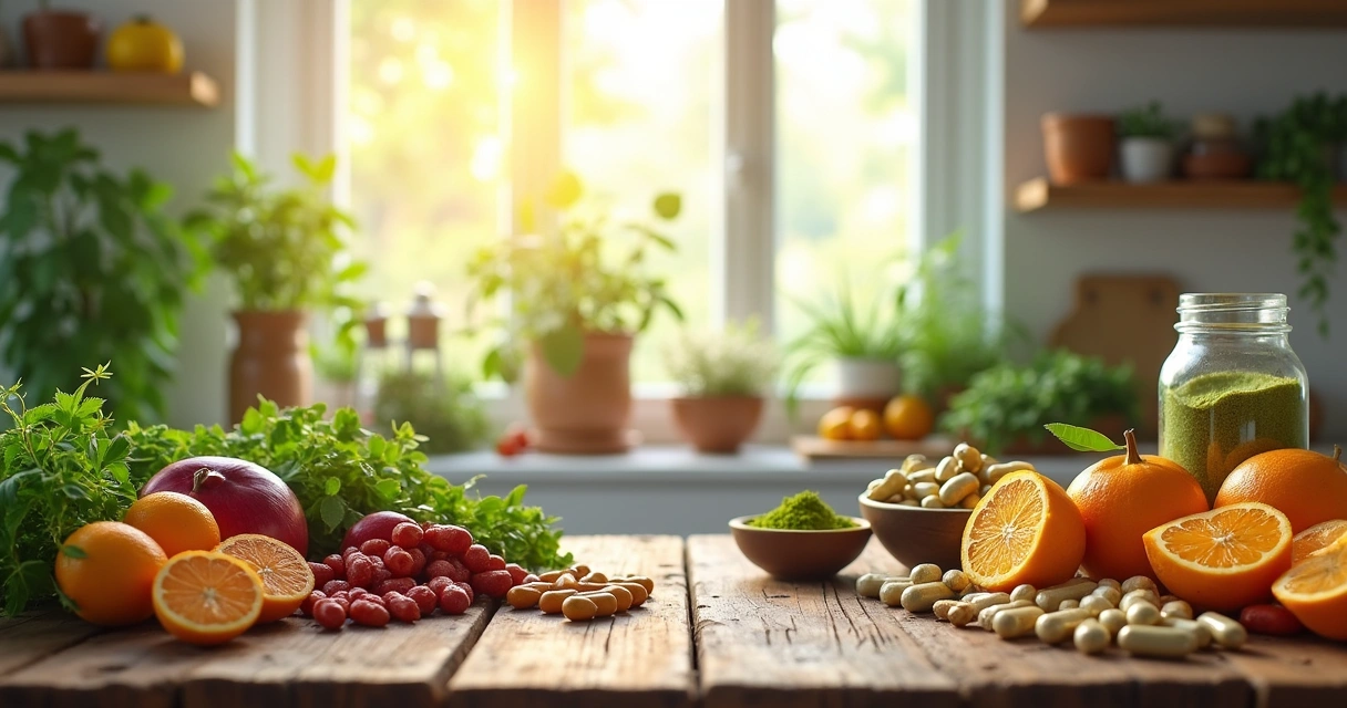 Arranjo vibrante de suplementos naturais sobre uma mesa rústica em uma cozinha ensolarada.