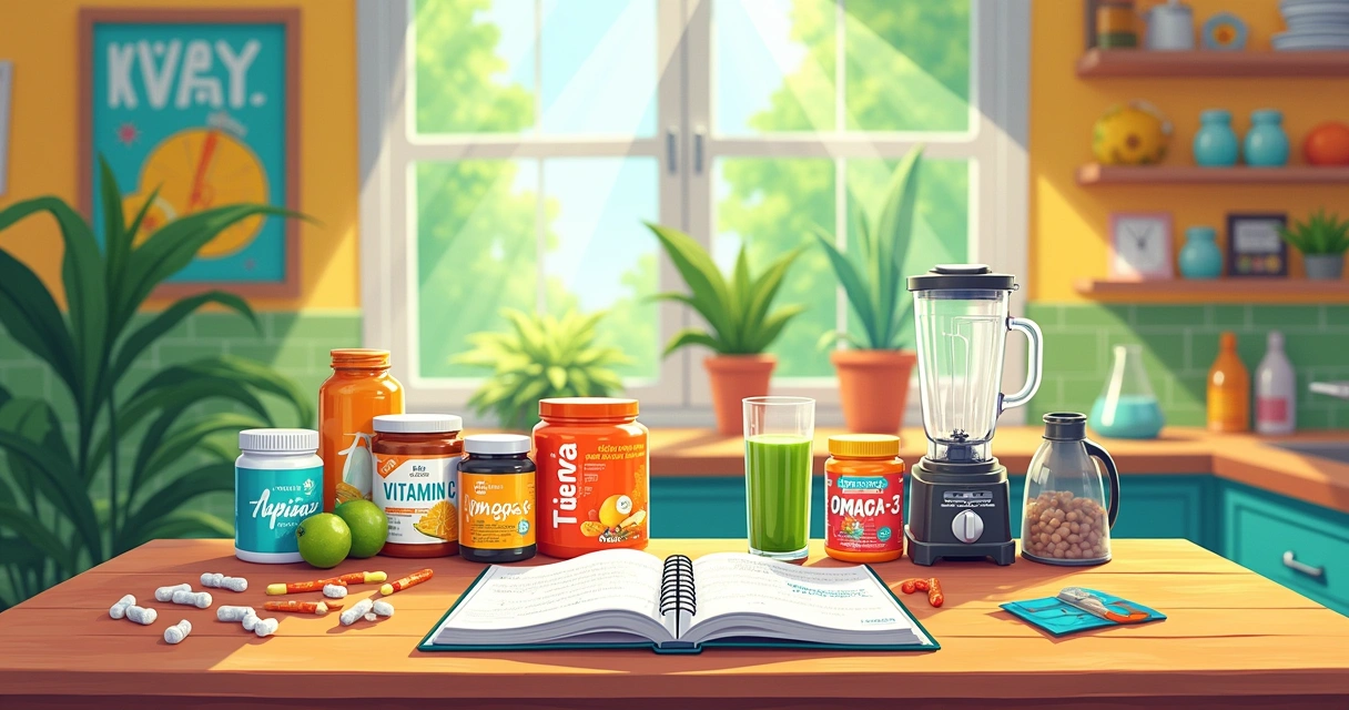Ilustração de uma jornada de suplementação, mostrando um cenário alegre de cozinha com suplementos e anotações.