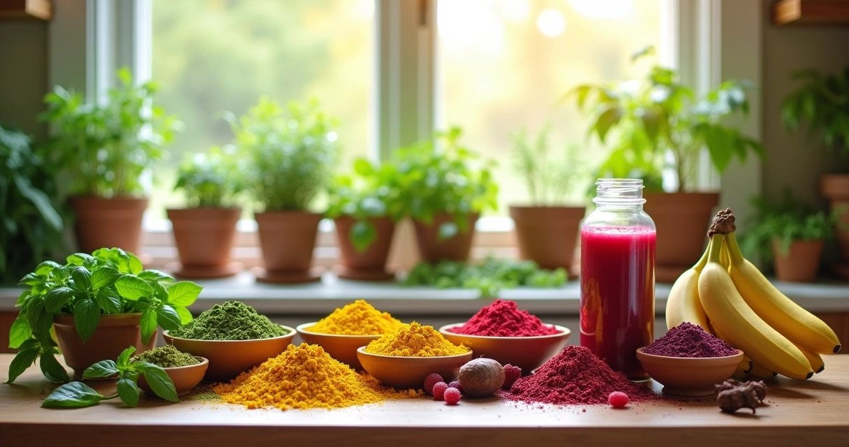 Ingredientes de suplementos veganos em uma cozinha iluminada pela luz do sol, com frutas e ervas frescas.