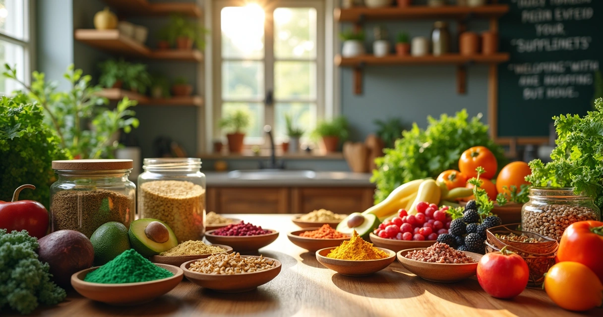 Cena de cozinha com suplementos veganos coloridos e frutas frescas em um ambiente iluminado.