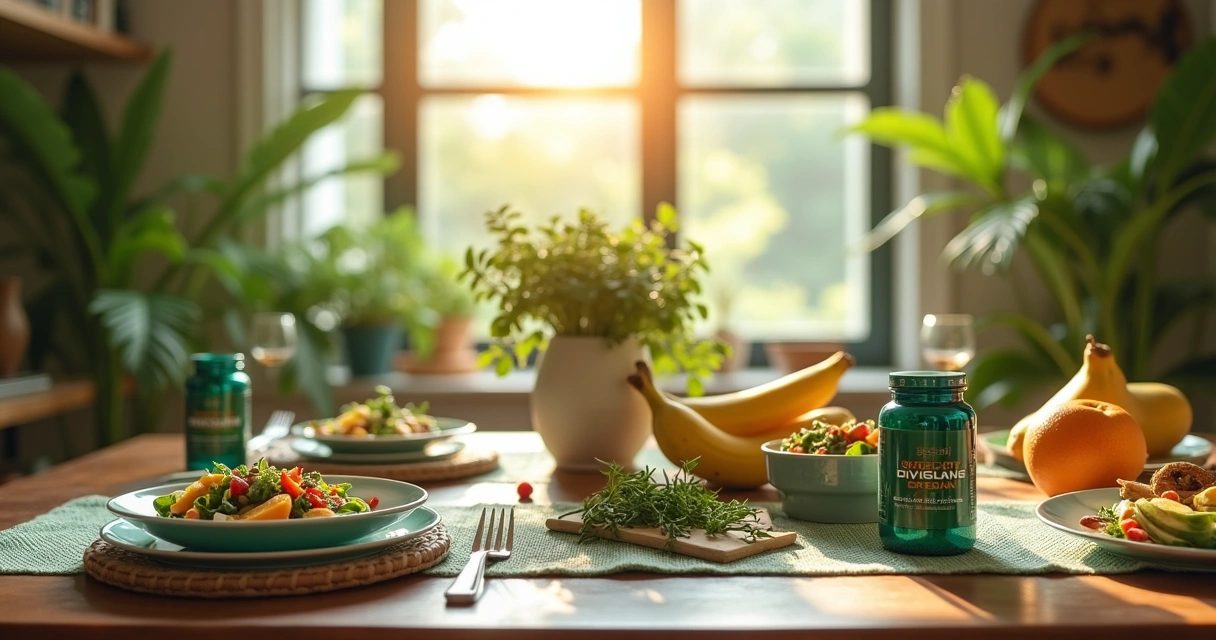 Mesa de madeira com suplementos veganos, frascos coloridos e frutas frescas em ambiente natural.