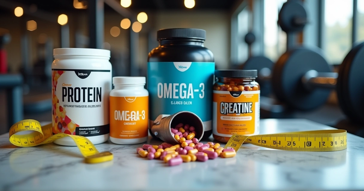 Vários suplementos em uma mesa de mármore, incluindo proteína, ômega 3, creatina e multivitaminas.