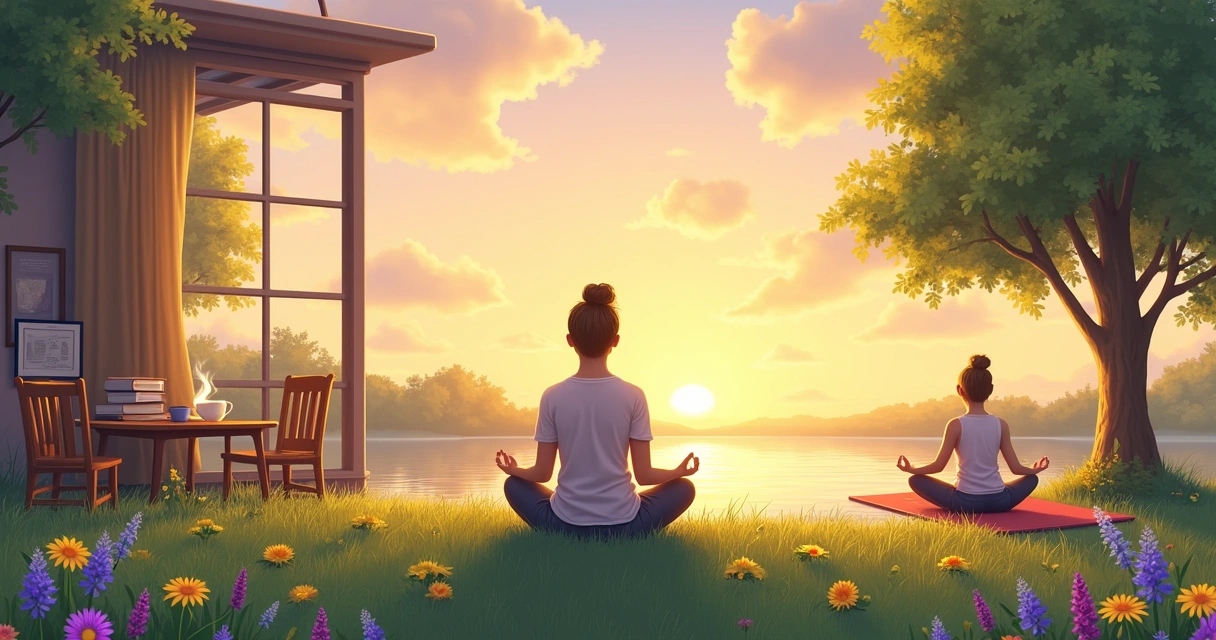 Vista tranquilizante com técnicas de relaxamento, incluindo meditação, leitura e yoga em ambiente natural.