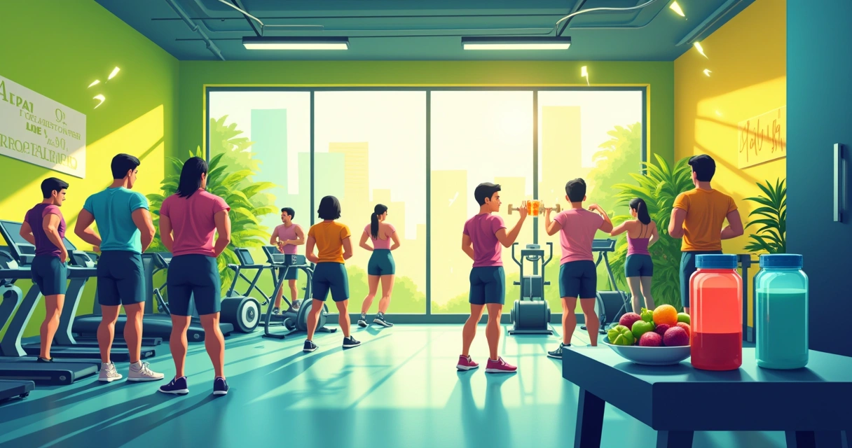 Grupo diverso treinando em uma academia vibrante, com suplementos e frutas ao lado.